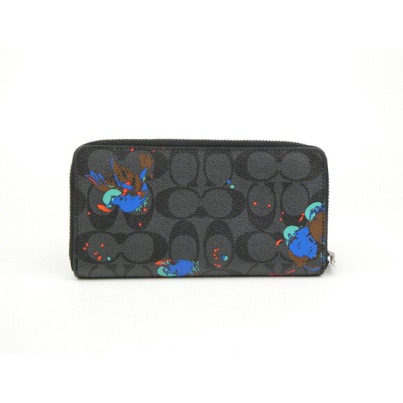 Coach Signature Black Smoke Bird Print Zip Around Accordion Wallet F23400 - Picture 2 of 13